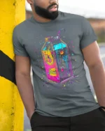 Neon Cyberpunk Milk Carton Futuristic T-Shirt - model in grey shirt leaning against column