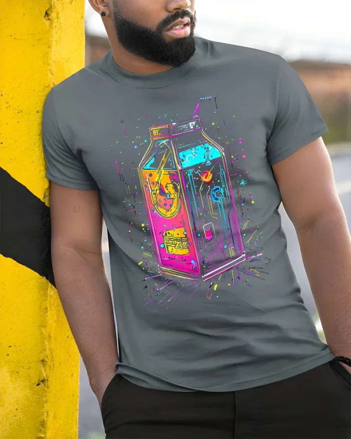 Neon Cyberpunk Milk Carton Futuristic T-Shirt - model in grey shirt leaning against column