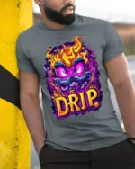 Flaming Mustache Drip Street Art Graphic T-Shirt - model in grey shirt leaning against column