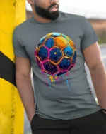 Neon Splash Soccer Ball Street Art Graphic T-Shirt - model in grey shirt leaning against column