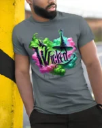 Wicked Witch Neon Smoke Fantasy Art T-Shirt - model in grey shirt leaning against column
