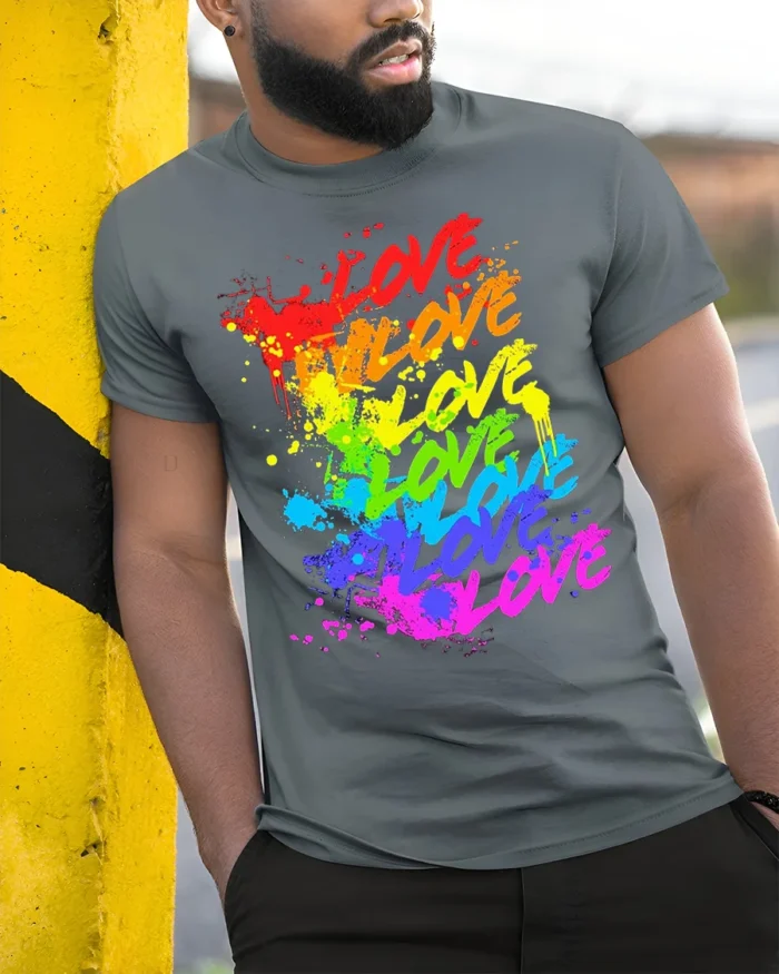Rainbow Love Graffiti Pride Splash Art T-Shirt - model in grey shirt leaning against column
