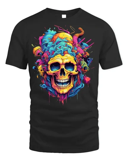 Psychedelic Skull Splash Art Graphic Black T-Shirt - black t-shirt on white background