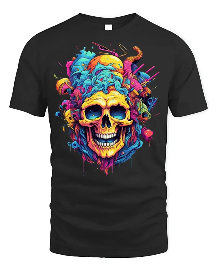 Psychedelic Skull Splash Art Graphic Black T-Shirt - black t-shirt on white background