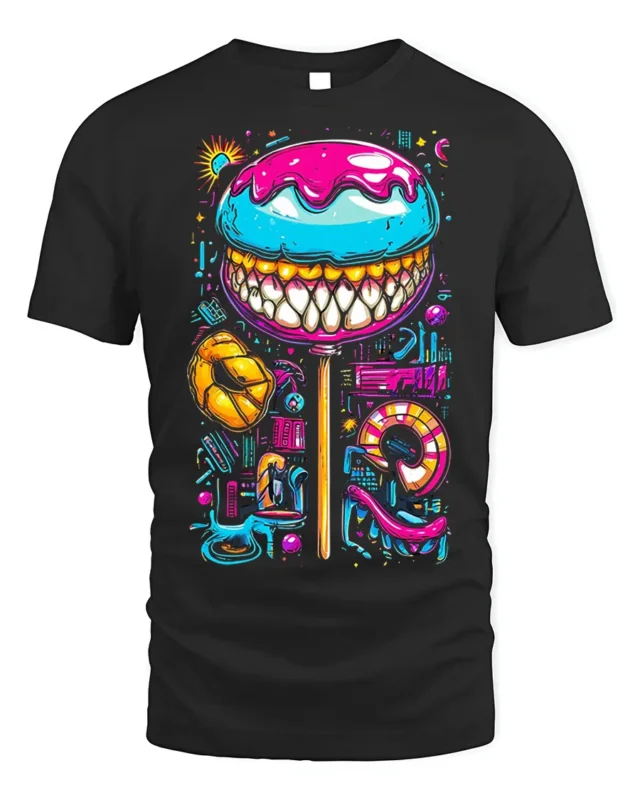 Psychedelic Candy Lollipop With Teeth Graphic T-Shirt - black t-shirt on white background