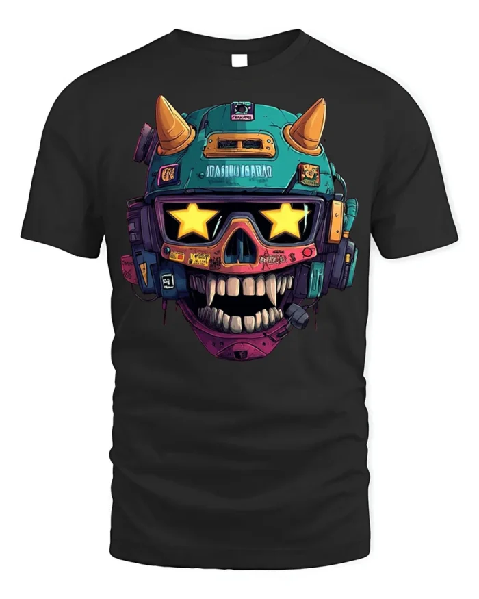 Cyberpunk Skull Helmet With Star Visor T-Shirt - black t-shirt on white background