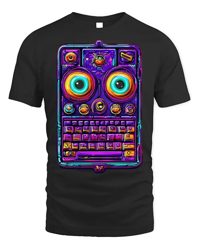 Neon Retro Robot Keyboard Face Graphic T-Shirt - black t-shirt on white background