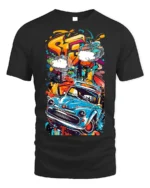 Retro Blue Car Graffiti Street Art Graphic T-Shirt - black t-shirt on white background
