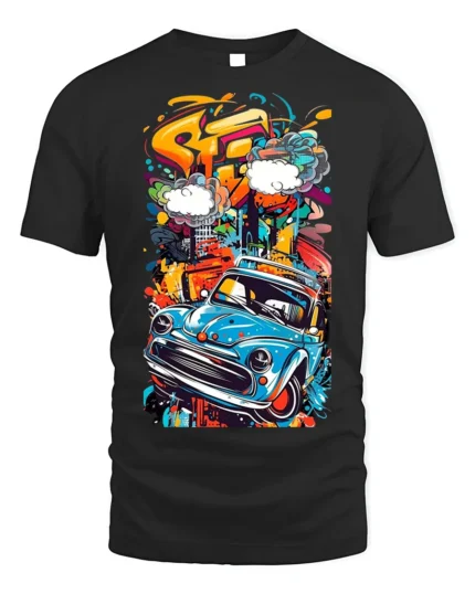 Retro Blue Car Graffiti Street Art Graphic T-Shirt - black t-shirt on white background