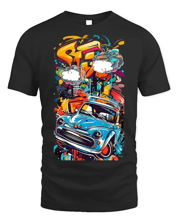 Retro Blue Car Graffiti Street Art Graphic T-Shirt - black t-shirt on white background