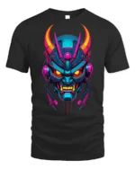 Neon Cyber Samurai Oni Mask Graphic T-Shirt - black t-shirt on white background