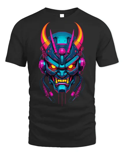 Neon Cyber Samurai Oni Mask Graphic T-Shirt - black t-shirt on white background