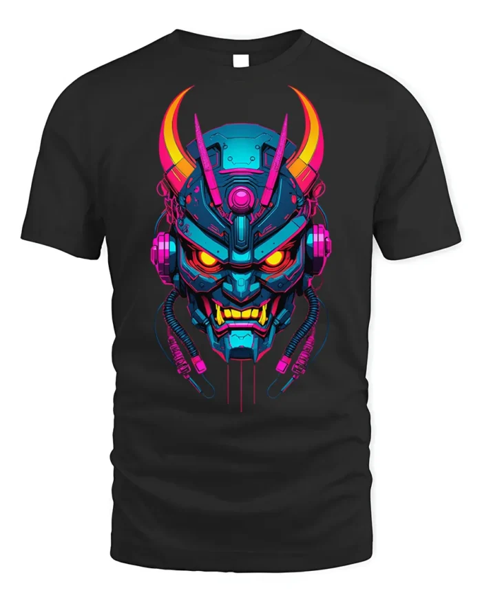 Neon Cyber Samurai Oni Mask Graphic T-Shirt - black t-shirt on white background