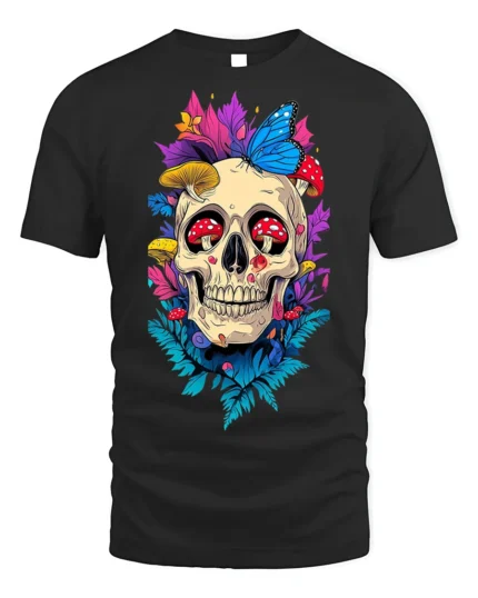 Floral Skull With Butterfly and Mushroom Art T-Shirt - black t-shirt on white background