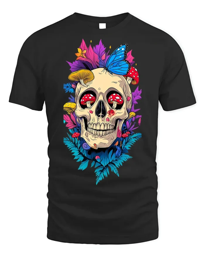 Floral Skull With Butterfly and Mushroom Art T-Shirt - black t-shirt on white background