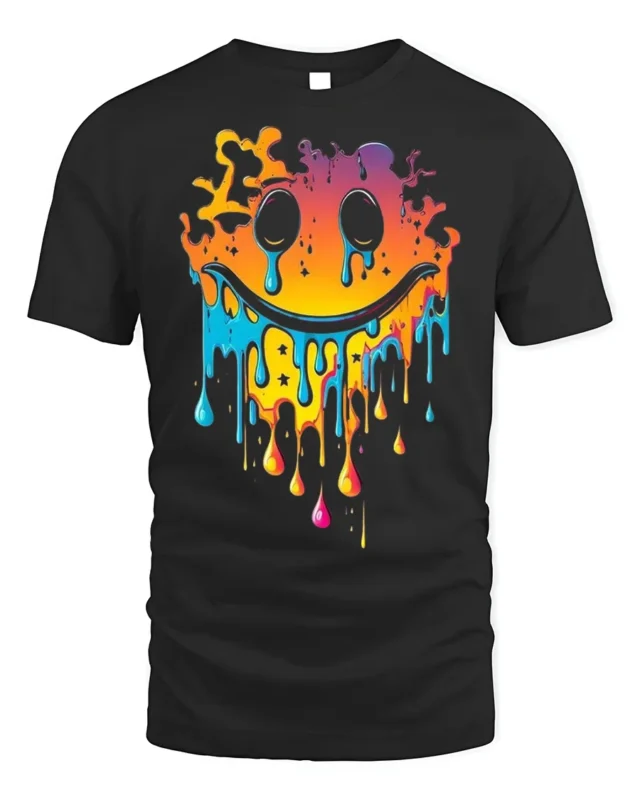 Melting Neon Smiley Face Dripping Art T-Shirt - black t-shirt on white background