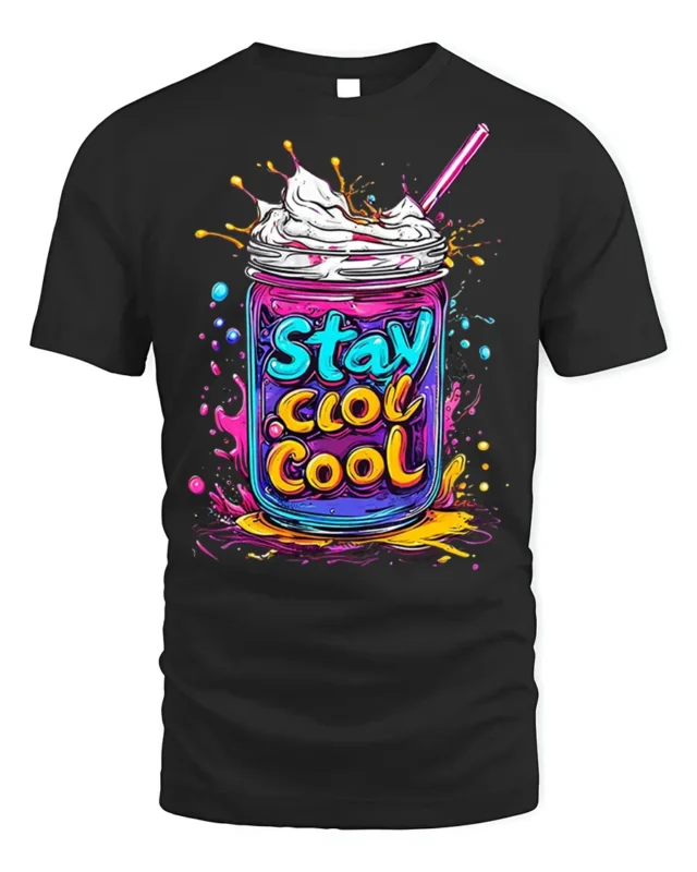 Stay Cool Colorful Milkshake Jar Graphic T-Shirt - black t-shirt on white background