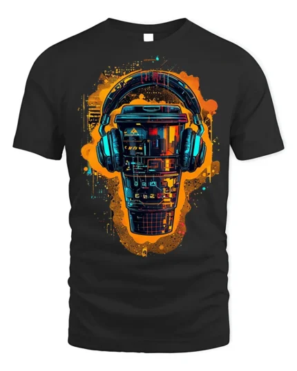 Futuristic Coffee Cup With Headphones Graphic T-Shirt - black t-shirt on white background