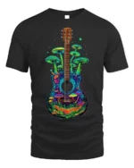 Psychedelic Guitar and Mushroom Art Graphic T-Shirt - black t-shirt on white background