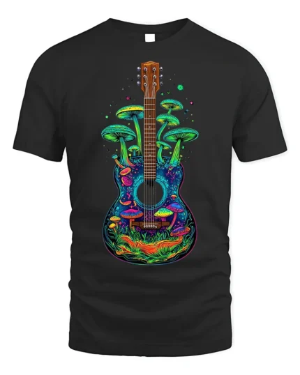 Psychedelic Guitar and Mushroom Art Graphic T-Shirt - black t-shirt on white background