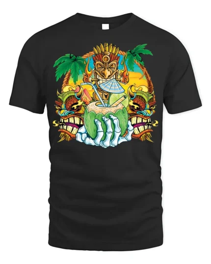 Tiki Skull Tropical Coconut Drink Graphic T-Shirt - black t-shirt on white background