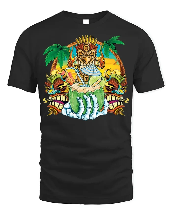 Tiki Skull Tropical Coconut Drink Graphic T-Shirt - black t-shirt on white background