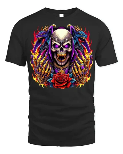 Skull With Dragons and Red Rose Fire Art T-Shirt - black t-shirt on white background