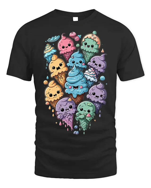Cute Kawaii Colorful Ice Cream Cone Graphic T-Shirt - black t-shirt on white background