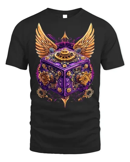 Steampunk Winged Gear Cube Mechanical Art T-Shirt - black t-shirt on white background