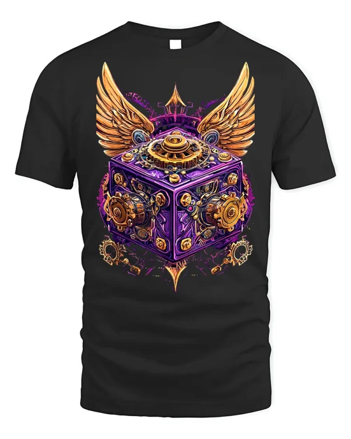 Steampunk Winged Gear Cube Mechanical Art T-Shirt - black t-shirt on white background