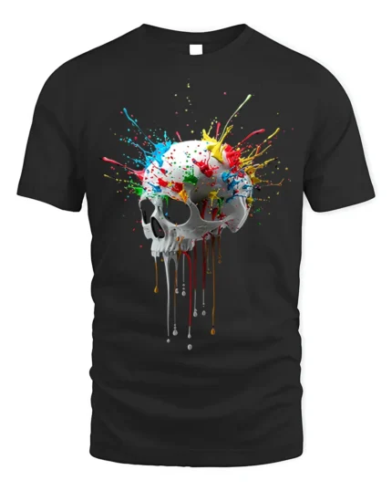 Color Splash Dripping Skull Artistic Graphic T-Shirt - black t-shirt on white background