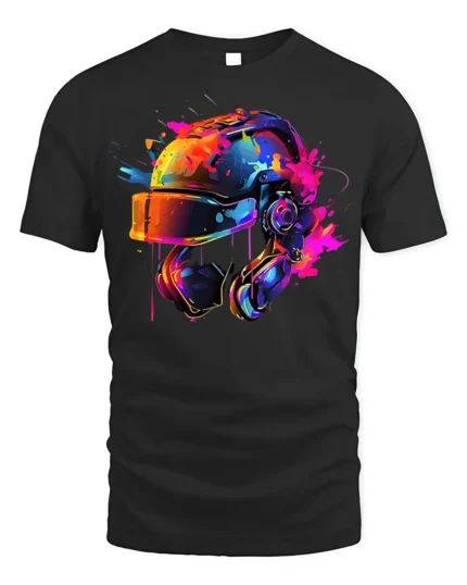 Color Splash Futuristic Combat Helmet Graphic T-Shirt - black t-shirt on white background