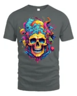 Psychedelic Skull Splash Art Graphic Black T-Shirt - gray t-shirt on white background