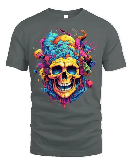 Psychedelic Skull Splash Art Graphic Black T-Shirt - gray t-shirt on white background