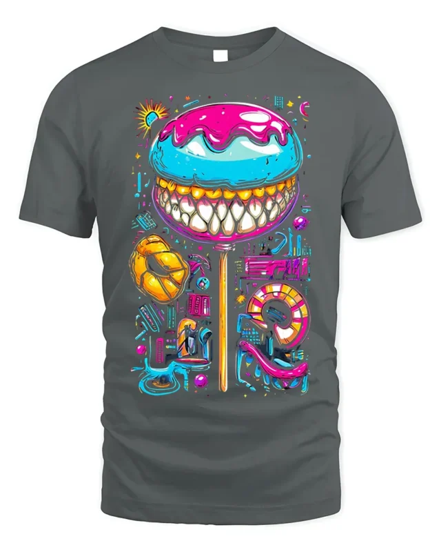 Psychedelic Candy Lollipop With Teeth Graphic T-Shirt - gray t-shirt on white background