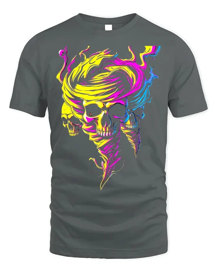 Neon Skull Tornado Swirl Psychedelic Graphic T-Shirt - gray t-shirt on white background