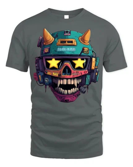 Cyberpunk Skull Helmet With Star Visor T-Shirt - gray t-shirt on white background