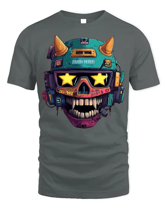 Cyberpunk Skull Helmet With Star Visor T-Shirt - gray t-shirt on white background