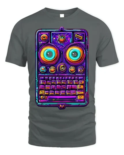 Neon Retro Robot Keyboard Face Graphic T-Shirt - gray t-shirt on white background
