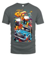 Retro Blue Car Graffiti Street Art Graphic T-Shirt - gray t-shirt on white background