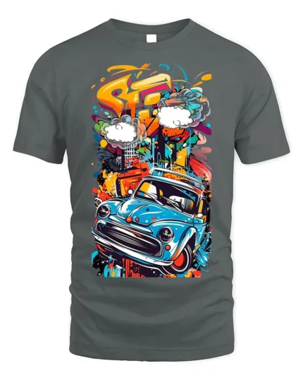 Retro Blue Car Graffiti Street Art Graphic T-Shirt - gray t-shirt on white background