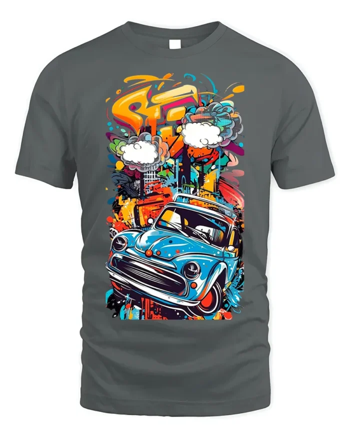 Retro Blue Car Graffiti Street Art Graphic T-Shirt - gray t-shirt on white background
