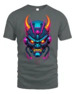 Neon Cyber Samurai Oni Mask Graphic T-Shirt - gray t-shirt on white background
