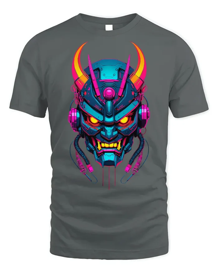 Neon Cyber Samurai Oni Mask Graphic T-Shirt - gray t-shirt on white background