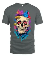 Floral Skull With Butterfly and Mushroom Art T-Shirt - gray t-shirt on white background