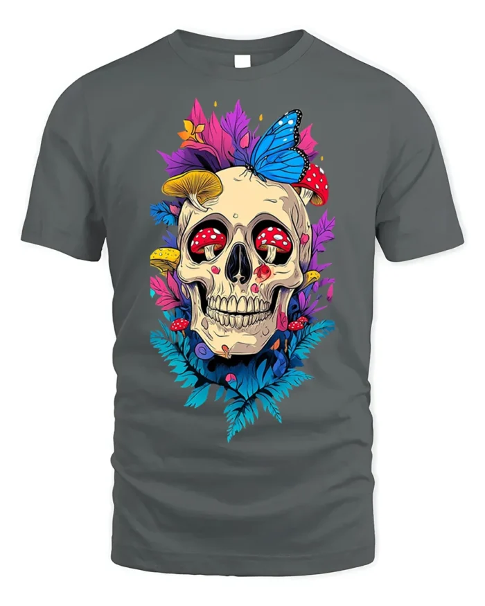 Floral Skull With Butterfly and Mushroom Art T-Shirt - gray t-shirt on white background