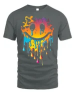 Melting Neon Smiley Face Dripping Art T-Shirt - gray t-shirt on white background