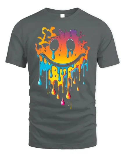 Melting Neon Smiley Face Dripping Art T-Shirt - gray t-shirt on white background