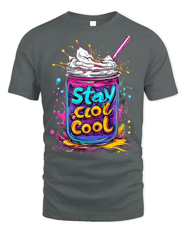 Stay Cool Colorful Milkshake Jar Graphic T-Shirt - gray t-shirt on white background
