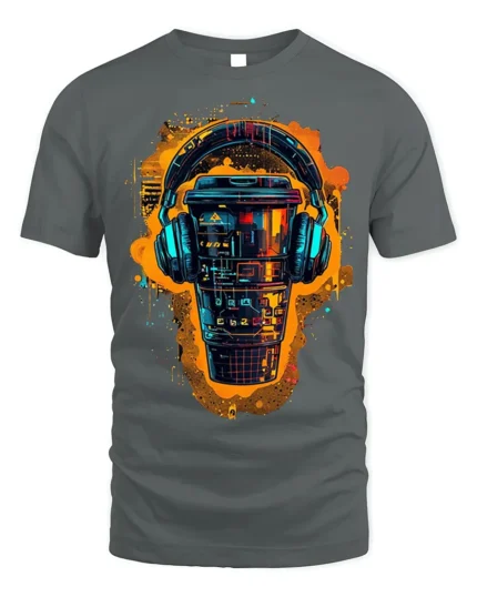 Futuristic Coffee Cup With Headphones Graphic T-Shirt - gray t-shirt on white background